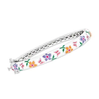 Shop Ross-simons Multicolored Enamel Flower Bangle Bracelet In Sterling Silver In Pink