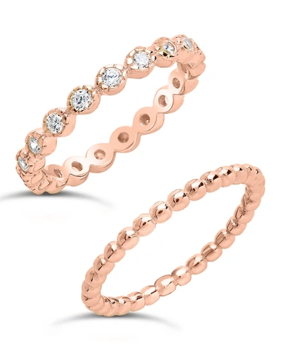 Sterling Forever Sterling Silver Bezel Set Cz & Beaded Band Stackable Ring Set In Silver