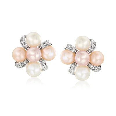 Ross-simons 7-7.5mm Multicolored Cultured Pearl Earrings With Diamonds In Sterling Silver In Silver