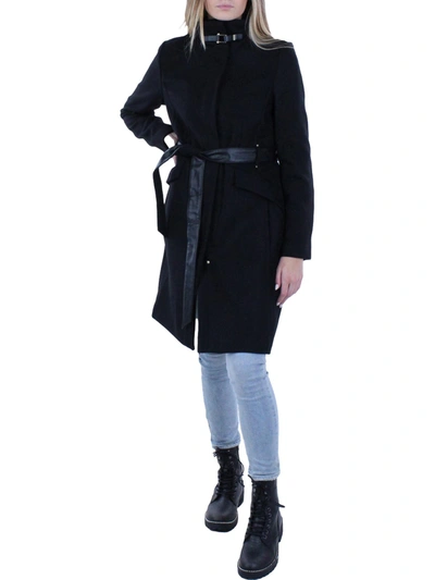 Shop Cole Haan Womens Wool Blend Faux Leather Trim Wrap Coat In Black