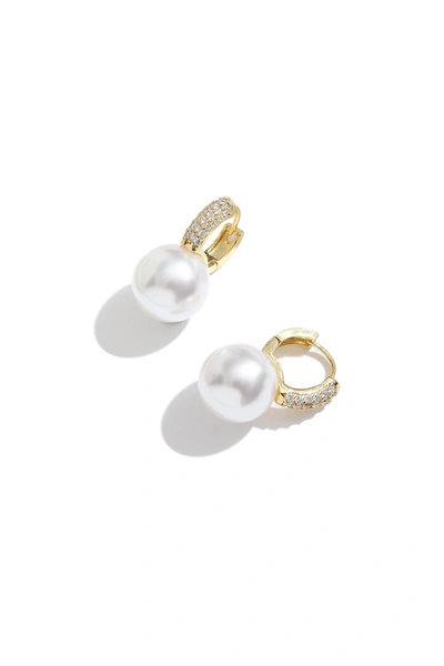 Shop Classicharms Golden Pearl Hoop With Zirconia Embellishment Earrings In Silver