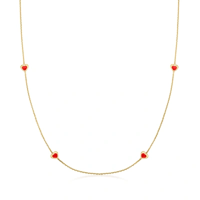Shop Ross-simons Italian Red Enamel Heart Station Necklace In 14kt Yellow Gold. 18 Inches