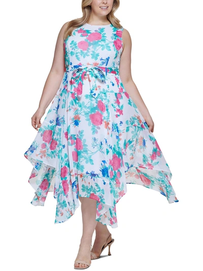 Shop Calvin Klein Plus Womens Floral Print High Low Midi Dress In Multi