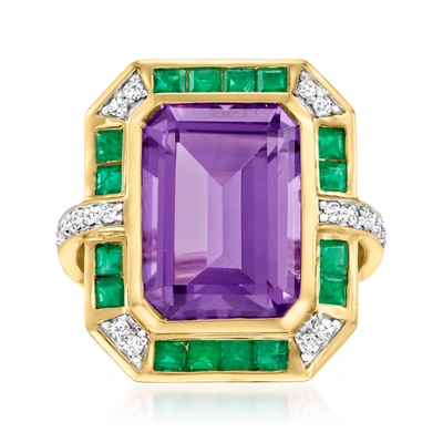 Ross-simons Amethyst, . Emerald And . Diamond Ring In 14kt Yellow Gold In Pink