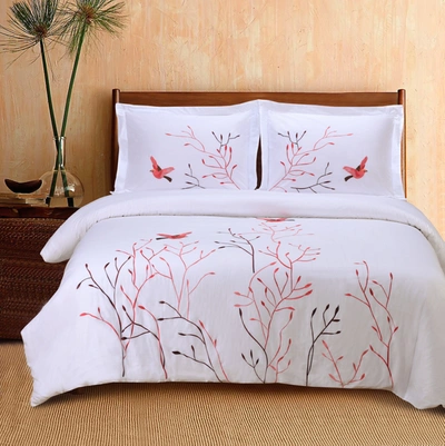 Superior Embroidered Modern Bird And Nature Cotton Duvet Cover And Pillow Sham Set