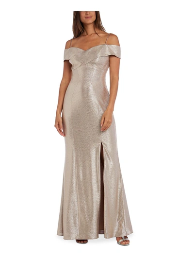 Shop Nw Nightway Petites Womens Metallic Off The Shoulder Evening Dress In Beige