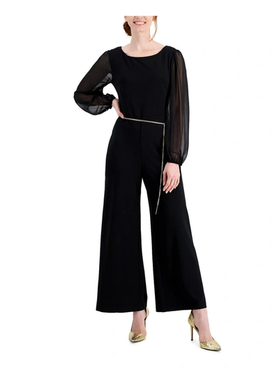 Shop Connected Apparel Petites Womens Mixed Media Long Sleeves Jumpsuit In Black