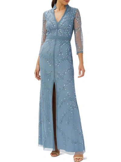 Shop Adrianna Papell Petites Womens Beaded Embellished Evening Dress In Blue