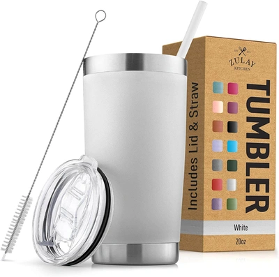 Zulay Kitchen Double Walled Insulated Travel Mug For Hot And Cold Drinks With Lid And Straw In White