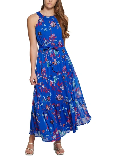 Shop Calvin Klein Petites Womens Floral Print Tea-length Halter Dress In Blue