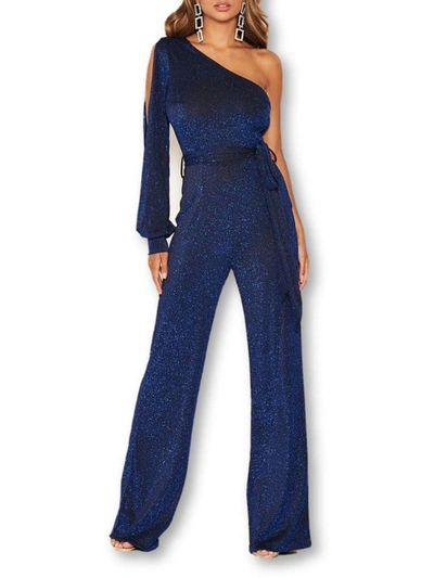 Shop Ax Paris Womens Metallic One Shoulder Jumpsuit In Blue