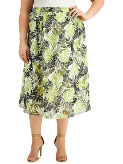 Shop Kasper Plus Womens Palm-print Mid-calf Midi Skirt In Yellow