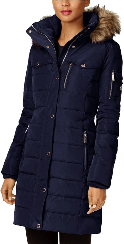 Shop Michael Kors 3/4 Down Coat With Faux Fur Hood In Navy Blue