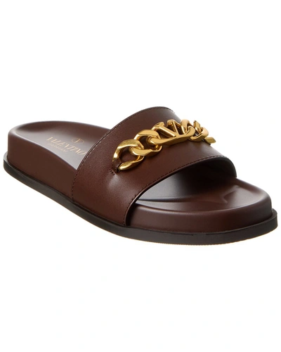 Shop Valentino Vlogo Chain Leather Slide In Brown