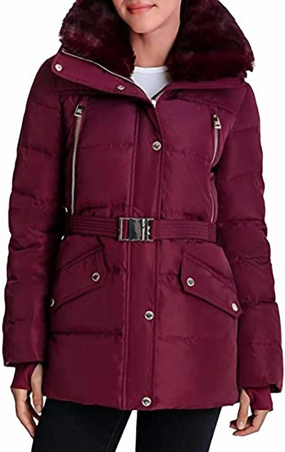 Michael Kors Belted Down Quilted Jacket Coat In Dark Ruby In Red