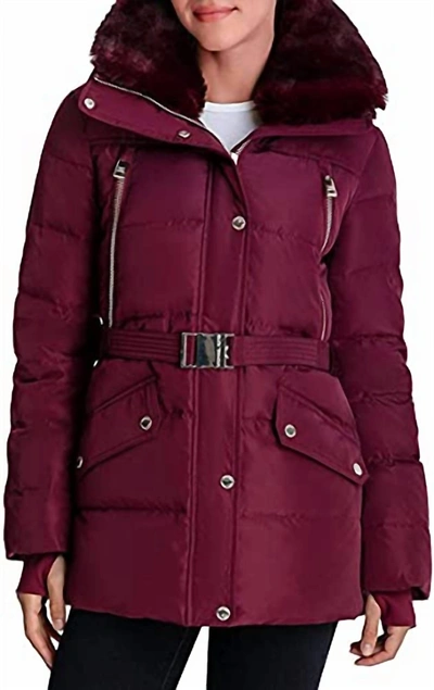 Shop Michael Kors Belted Down Quilted Jacket Coat In Dark Ruby In Red