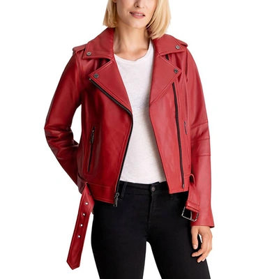 Shop Michael Kors Moto Belted Zip Up Leather Jacket In Scarlet In Red