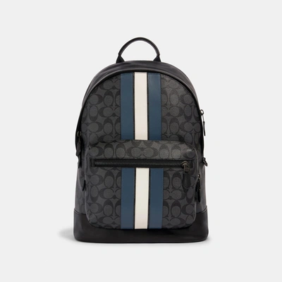 Shop Coach Outlet West Backpack In Signature Canvas With Varsity Stripe In Black