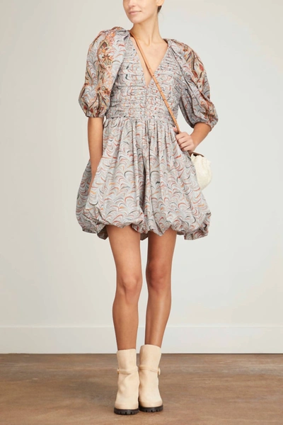 Shop Ulla Johnson Gwen V-neck Puff Sleeve Pleated Mini Dress In Chalcedony In Multi