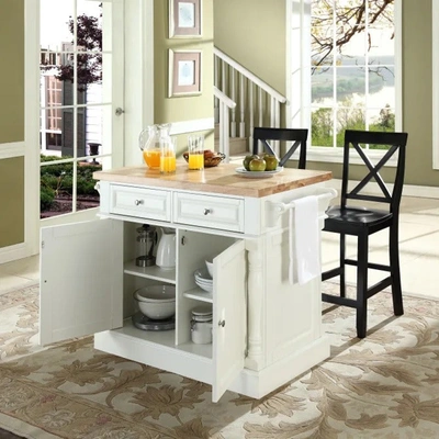 Crosley Furniture Oxford Natural Wood Top Kitchen Island With 2 Bar Stools