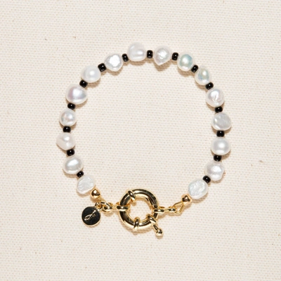 Shop Joey Baby Victoria Pearl And Black Beads Bracelet In Beige