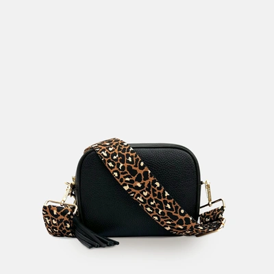 Apatchy London Black Leather Crossbody Bag With Tan Cheetah Strap