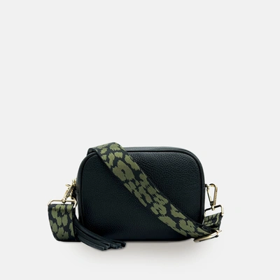 Shop Apatchy London Black Leather Crossbody Bag With Olive Green Cheetah Strap