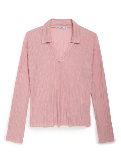 Shop Stateside Knit Plisse Long Sleeve Polo In Chalk Pink
