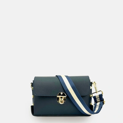 Shop Apatchy London The Bloxsome Navy Leather Crossbody Bag With Navy & Gold Stripe Strap In Blue