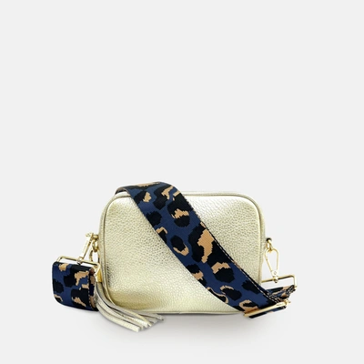 Shop Apatchy London Gold Leather Crossbody Bag With Navy Leopard Strap