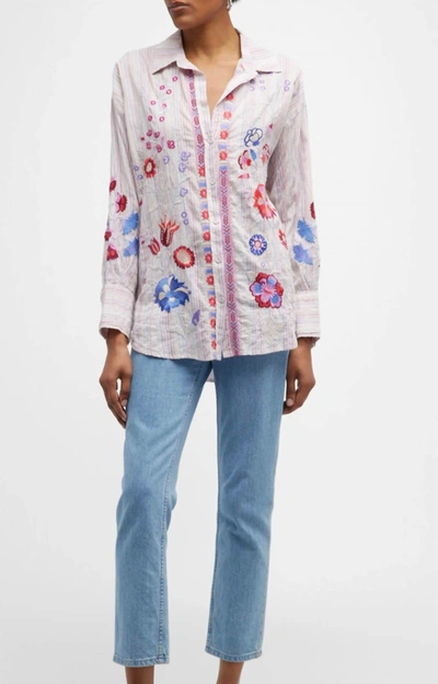Johnny Was Plus Size Piper Floral Embroidered Striped Oversized Shirt In Multi