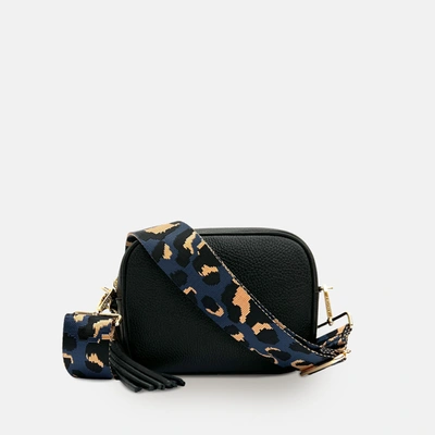 Shop Apatchy London Black Leather Crossbody Bag With Navy Leopard Strap