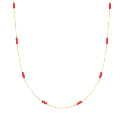 Shop Ross-simons Italian Red Coral Bead Station Necklace In 18kt Yellow Gold