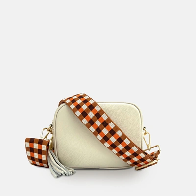 Shop Apatchy London Stone Leather Crossbody Bag With Orange & Tan Checks Strap In White