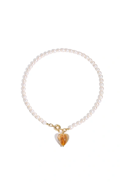 Shop Classicharms Esmée Amber Glaze Heart Pendant Pearl Necklace In Brown