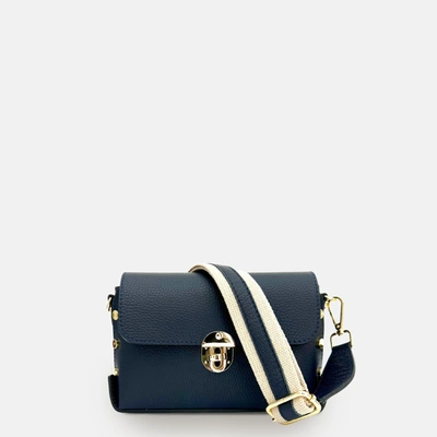 Shop Apatchy London The Bloxsome Navy Leather Crossbody Bag With Canvas Strap In Blue
