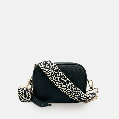 Shop Apatchy London Black Leather Crossbody Bag With Apricot Cheetah Strap