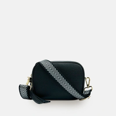 Shop Apatchy London Black Leather Crossbody Bag With Black & Silver Chevron Strap
