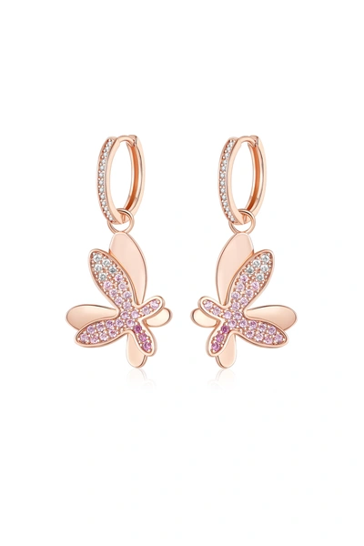 Classicharms Rose Gold Gradient Pink Pavé Diamond Butterfly Dangle Drop Hoop Earrings In Pink