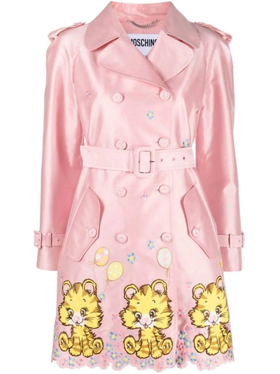 Shop Moschino Kitty Cat Embroidered Trench Coat In Pink