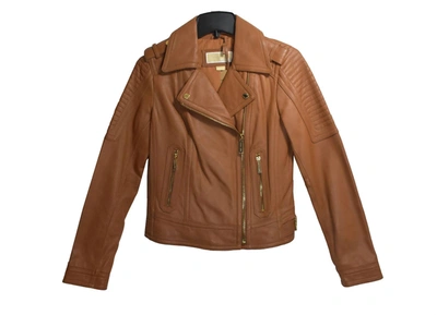 Shop Michael Kors Women Luggage Leather Moto Jacket In Cognac In Brown