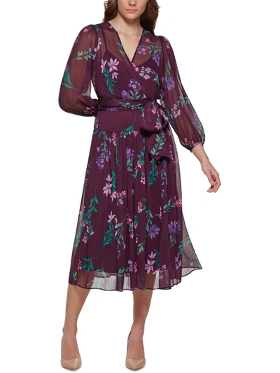 Shop Calvin Klein Womens Chiffon Floral Wrap Dress In Purple