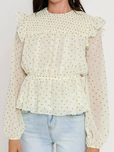Shop 2.7 August Apparel Metallic Polka Dot Blouse In Ivory In Yellow