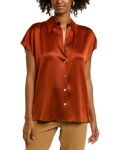 Shop Vince Ruched Back Silk Blouse In Brown