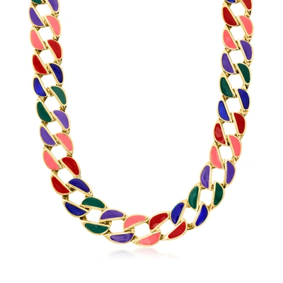 Shop Ross-simons Italian Multicolored Enamel Curb-link Necklace In 18kt Gold Over Sterling In Blue