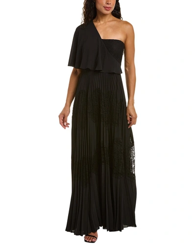 Shop Mikael Aghal Pleated Lace Gown In Black