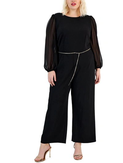 Shop Connected Apparel Plus Womens Boatneck Sheer Sleeves Jumpsuit In Black