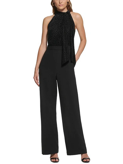 Shop Vince Camuto Petites Womens Mixed Media Tie-neck Jumpsuit In Black