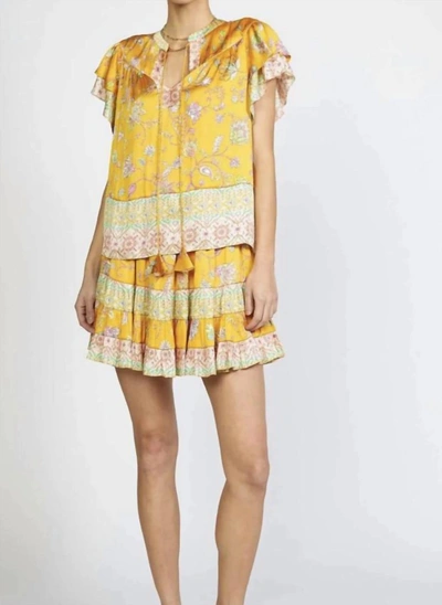 Shop Current Air Border Printed Elastic Waisted Tiered Mini Skirt W/ String In Yellow Multi