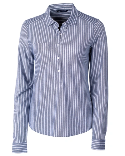 Shop Cutter & Buck Ladies' Reach Oxford Stripe Popover Shirt In Blue